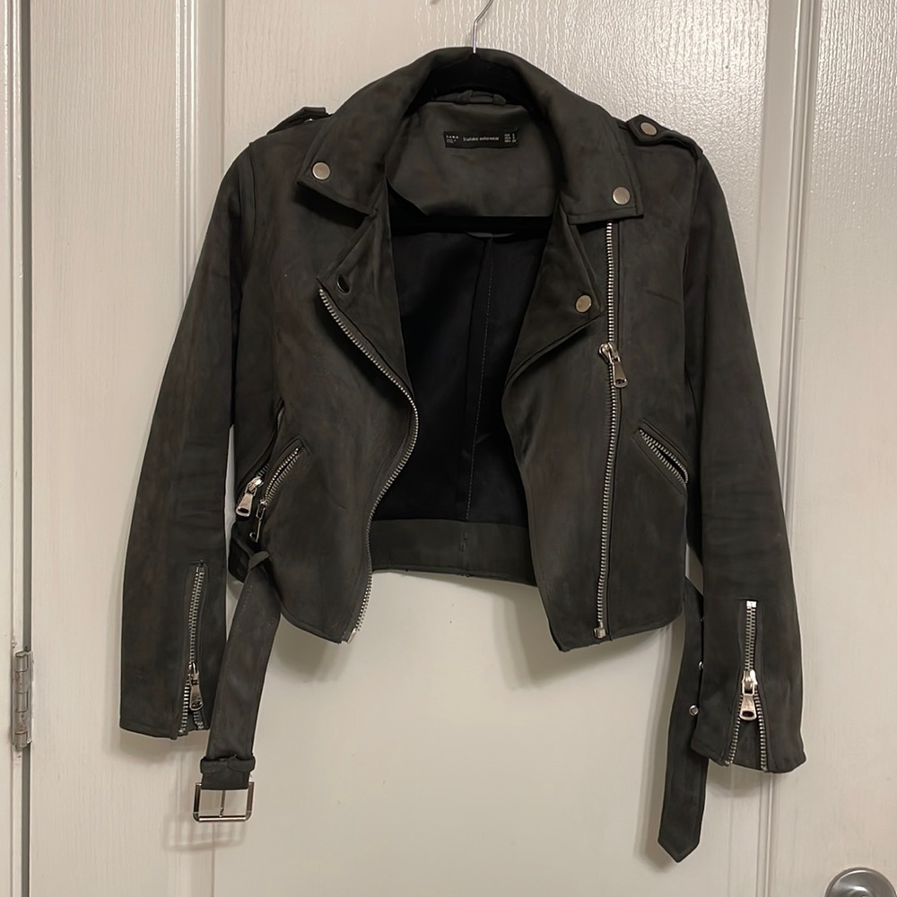 Zara faux suede Moto jacket cropped grey gray charcoal